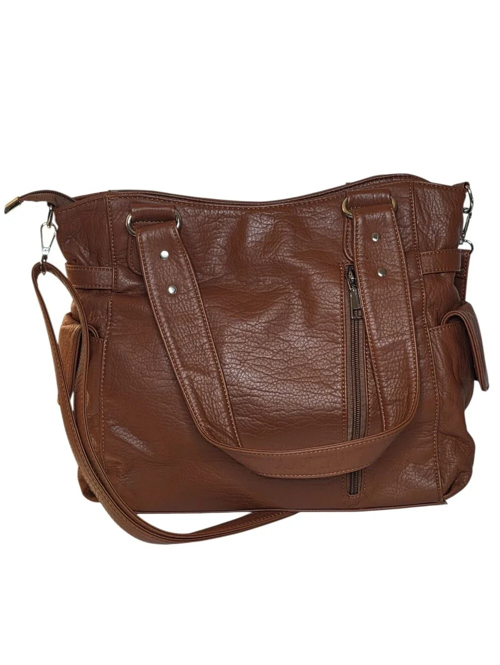 Large Tote Crossbody Bag Brown Vegan Leather Southwestern Silver Cross Purse